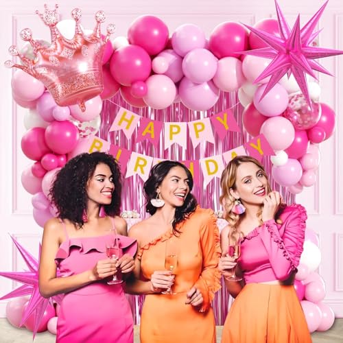 Hot Pink Birthday Decorations Set with Balloons, Banner and Fringe Curtain