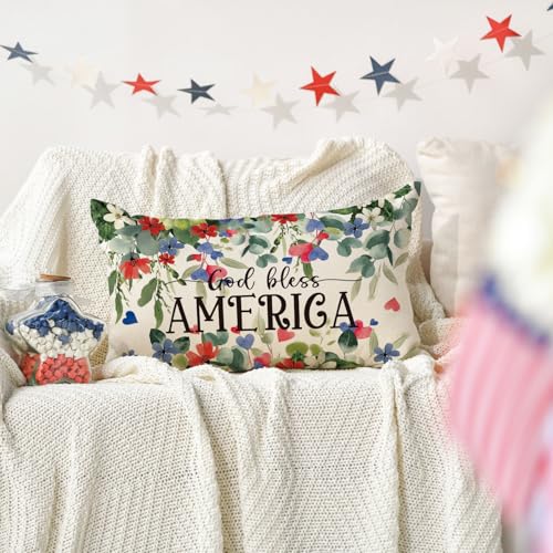 Patriotic 4th of July Throw Pillow Cover - 12x20 Inch God Bless America Decor