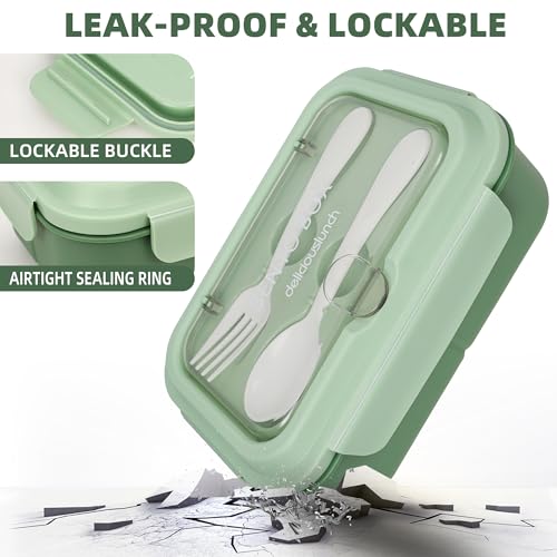 Fanhaw Green 40oz Bento Lunch Box with 3 Compartments, Microwave & Dishwasher Safe