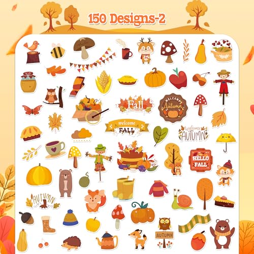 150 Fall Vinyl Stickers Pack - Waterproof Autumn Designs for Kids & Adults