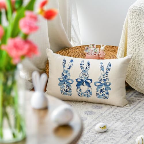 Easter Bunny Throw Pillow Cover - Blue & White Floral Design, 12x20
