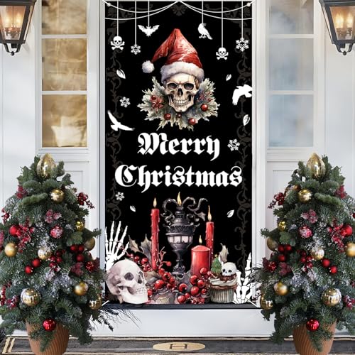 Gothic Christmas Door Cover Banner - Merry Christmas Skull Holiday Decor
