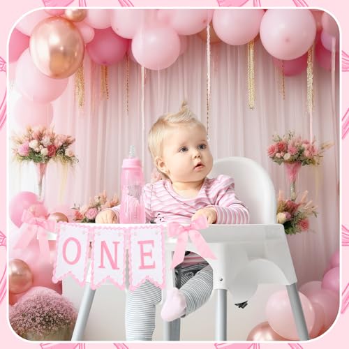 Pink Bow High Chair Banner for Baby Girl's 1st Birthday Celebration