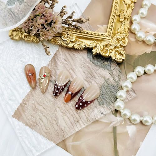 French Tip Press on Nails Medium Almond Brown Fake Nails with 3D Bows