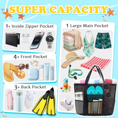 Showvigor Large Mesh Beach Bag - Durable Tote with Zipper Pocket
