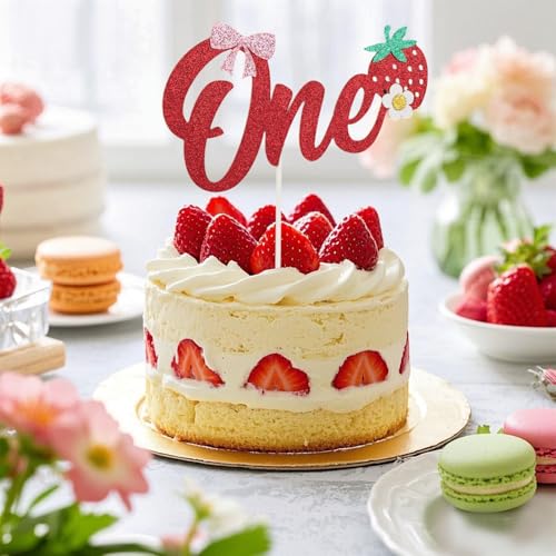 Strawberry Cake Topper for 1st Birthday - Glitter Decoration
