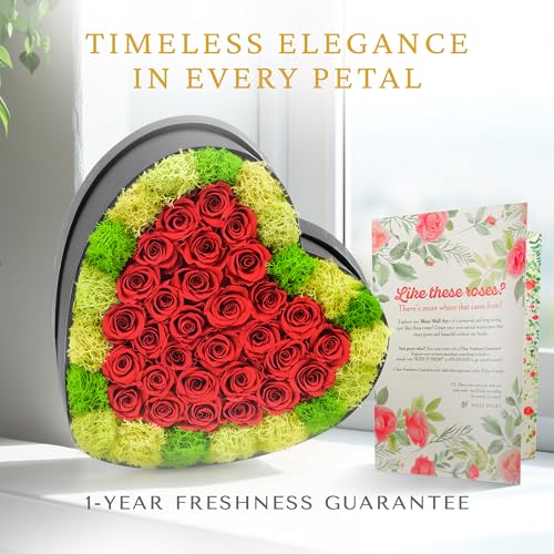 Moss Heart 30 Preserved Roses in Heart-Shaped Box, Real Forever Roses Home Décor Arrangement, Long-Lasting 1+ Year, No Watering, Valentine’s Day, Birthday for Wife, Girlfriend