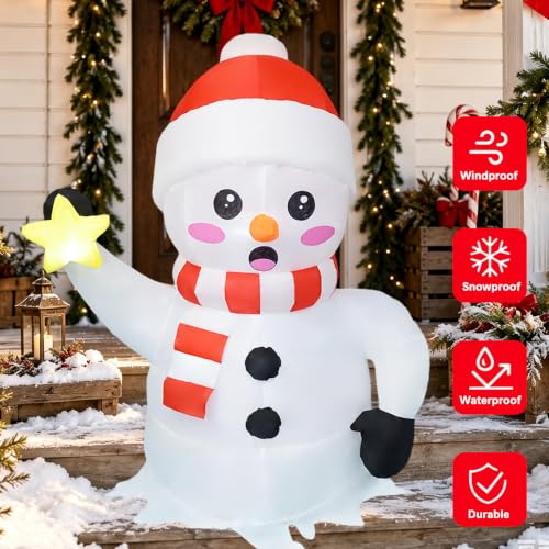 Roof Snowman Inflatable Christmas Decor 6 FT Outdoor Blow Up Snowman with Glowing Star