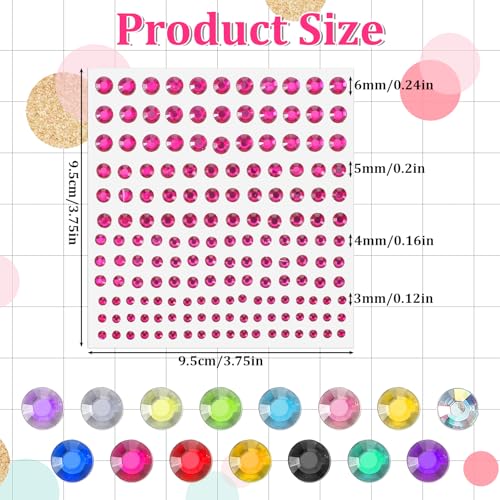SULIKJHUI 3456 Pcs Self-Adhesive Rhinestone Stickers, 15 Colors Acrylic Gems for Crafts, Face, Body, and Nail Art
