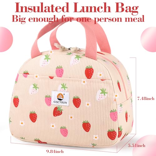 CaCTOUR Small Strawberry Corduroy Insulated Lunch Bag for Women & Girls