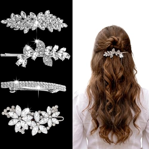 4 Pcs Silver Rhinestone Hair Clips Crystal Leaf Bridal Hair Pins