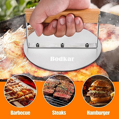 Bodkar 6-Inch Stainless Steel Burger Press with Heat-Resistant Wood Handle