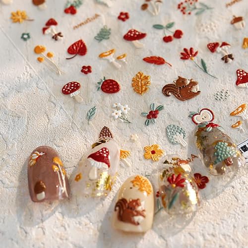 5D Fall Nail Stickers Autumn Maple Leaf & Squirrel Self-Adhesive Decals