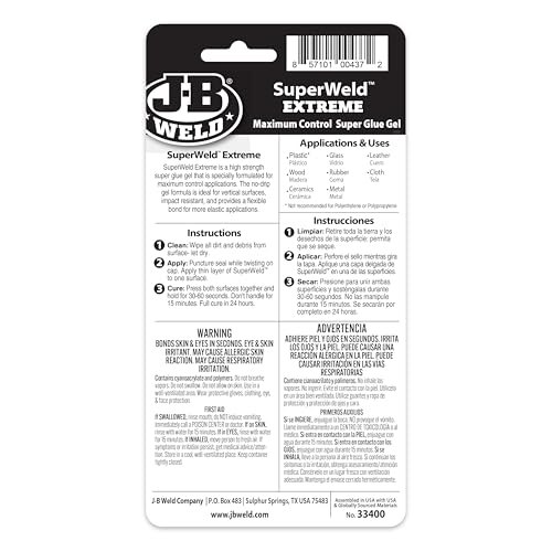 J-B Weld SuperWeld Extreme Superglue 15g Gel - Flexible, Impact-Resistant Adhesive for Metal, Plastic, Glass