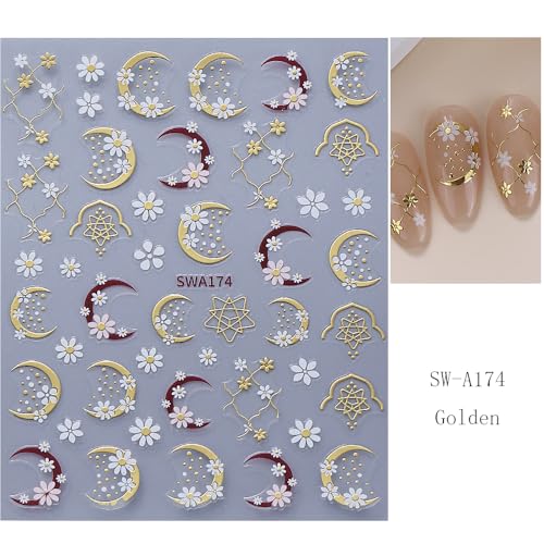 Floral Nail Art Stickers Daisy Flowers Rose Gold Moon Lace Decals 4Pcs
