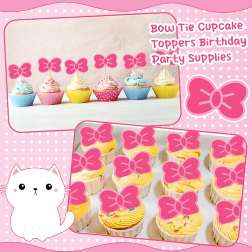 24 Pcs Pink Cat Cupcake Toppers with Bows for Birthday Party Decor