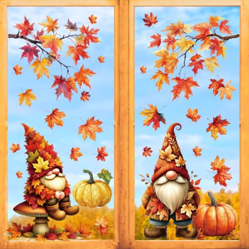 Fall Window Clings with Gnomes & Leaves - 9 Sheets Autumn Decor