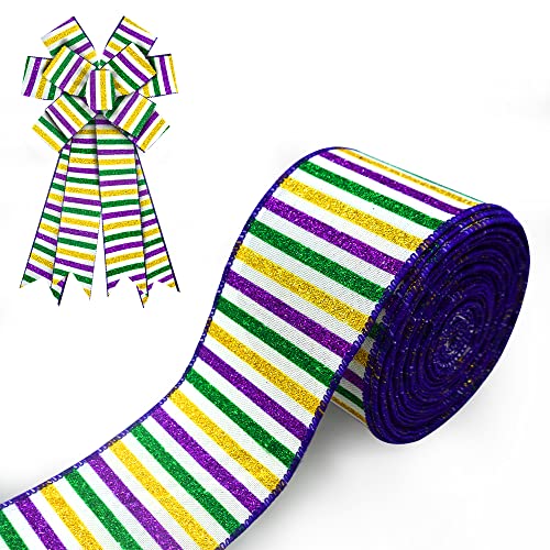 Mardi Gras Wired Edge Ribbon 2.5 Inch x 10 Yards Glitter Stripes