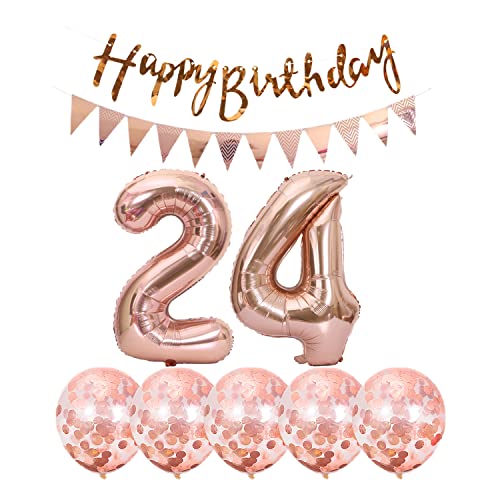 Rose Gold 24th Birthday Decoration Kit with Balloons & Banner