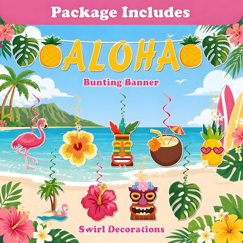 Hawaiian Luau Party Decorations Kit - 9PCS Hanging Swirls & ALOHA Banner