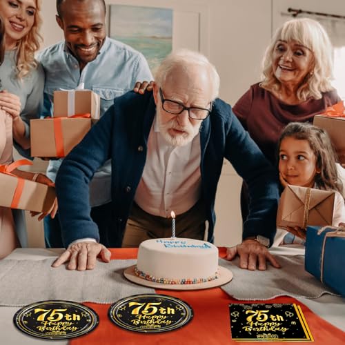 75th Birthday Party Decorations Kit for Men Women - Black & Gold Plates & Napkins | 75th Variation
