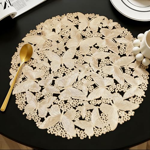 Quantum Love Gold Butterfly Round Placemats Set of 6 - Elegant Vinyl Table Mats