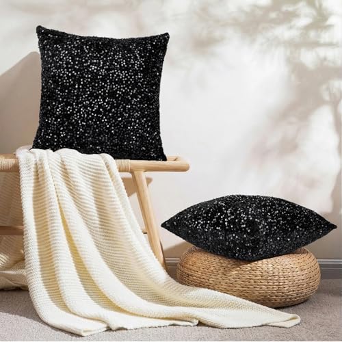 SquarePie Black Sequin Velvet Throw Pillow Cover, 18x18 Inch Decorative Case