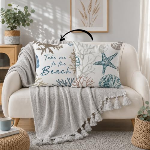 Coastal Beach Starfish & Seashell Throw Pillow Cover 18x18, Beach B Design