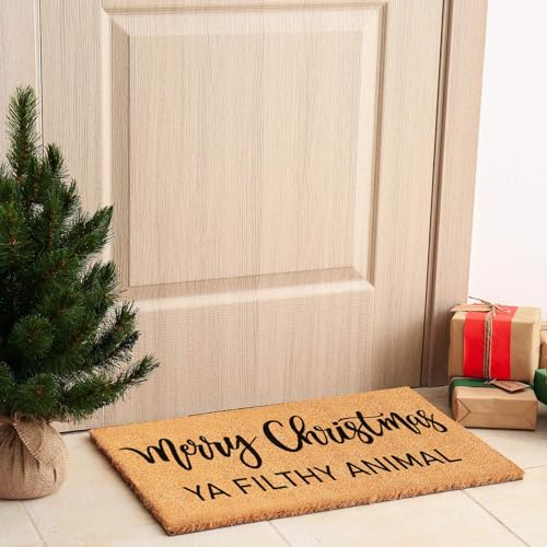 Christmas Doormat Natural Coir Welcome Rug with Funny 'Ya Filthy Animal' Quote 16.5 x 29 Inches
