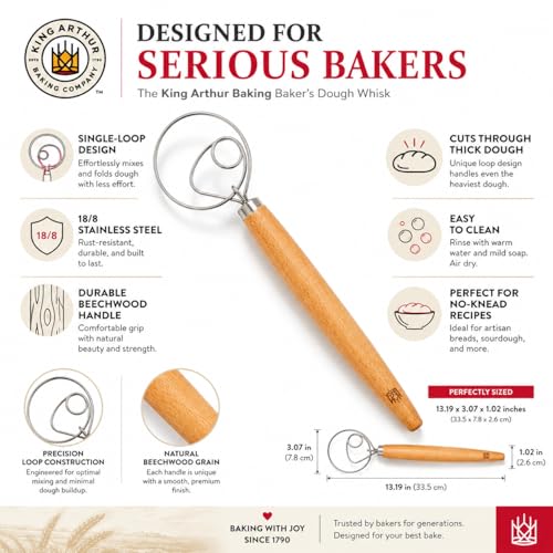 King Arthur Single-Loop Dough Whisk - 18/8 Stainless Steel Mixing Tool