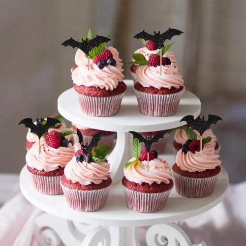 Halloween Cupcake Toppers - 12 Black Glitter Bat Picks for Parties