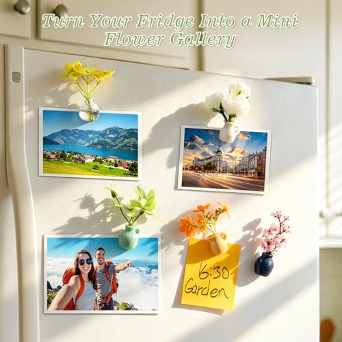 8-Piece Mini Vase Magnet Set with Artificial Flowers - Ceramic & Glass