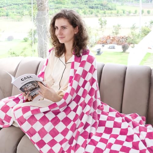 LOKOZ Pink Checkered Fleece Throw Blanket, Soft Fuzzy Lattice, 40"x50"