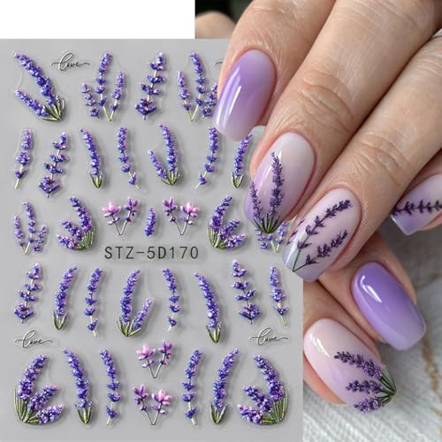 ZOAZJINAZ Ladybug & Floral Nail Stickers 3 Sheets - Embossed Spring Floral Nail Decals