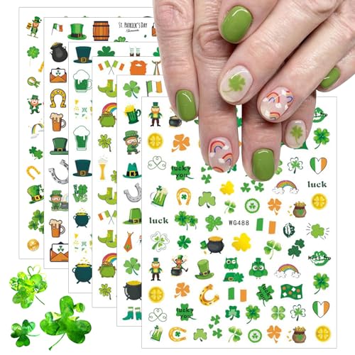 St. Patrick's Day 3D Nail Art Stickers - 6 Sheets Green Shamrock Decals