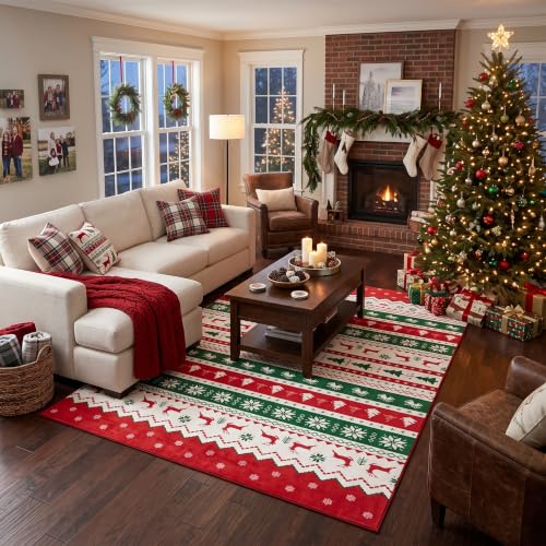 Christmas Washable Area Rug 5x7 ft Colorful Tree Deer Bell - Variations of this Listing