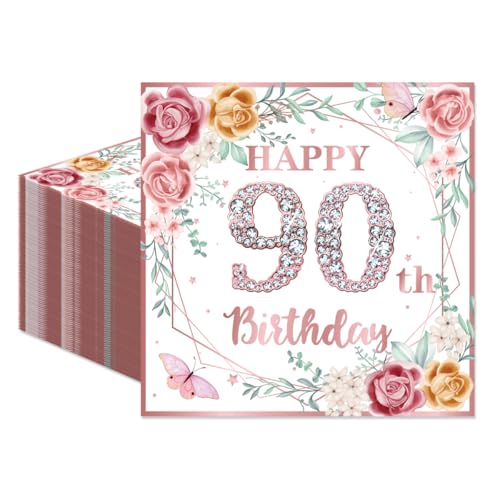 EUOYUFO 50Pcs Rose Gold Floral 90th Birthday Napkins for Women - 90th Birthday Party Supplies