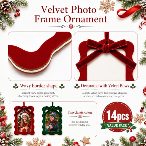 Christmas Velvet Photo Frame Ornaments Set - Red & Green Holiday Decor