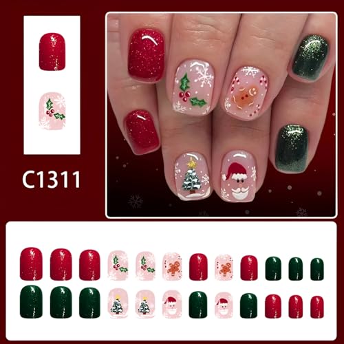 Christmas Press On Nails Short Green and Red False Nails with Holiday Designs