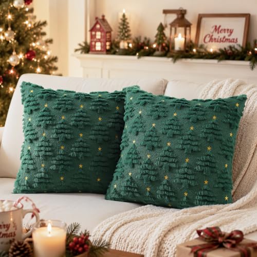 DecorUhome Christmas Tree Dark Green Throw Pillow Covers 16x16 Set of 2 - Holiday Decor