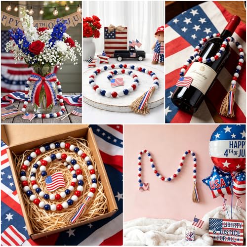 4th of July Wooden Bead Garland with Tassels - Patriotic Decor