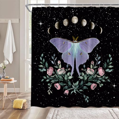 Moth Shower Curtain - Moon Phases Floral Design, 70x70 Inch