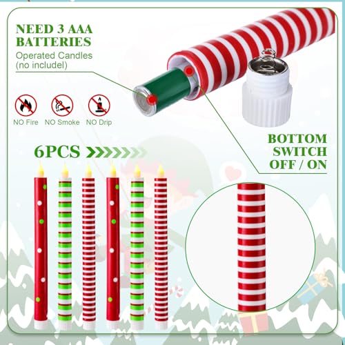 Christmas Flameless Taper Candles Set - Striped & Dots, 10.6 Inch, 6 Pack