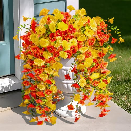 Artificial Morning Glory Hanging Flowers - 4 Pack, UV-Resistant Orange