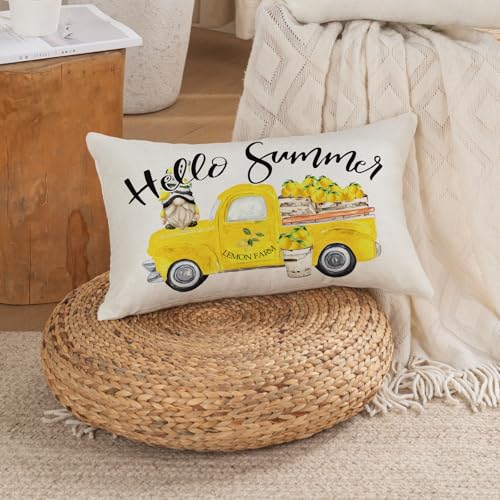 12x20 Inch Summer Throw Pillow Cover - Yellow Truck & Gnome