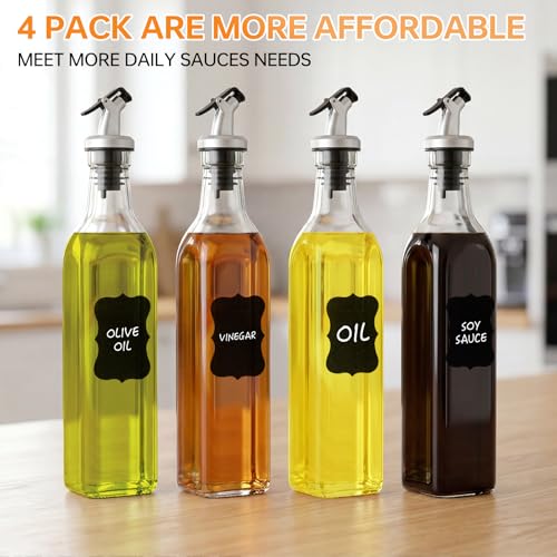 4-Pack 17oz Glass Oil & Vinegar Dispenser Set with Leakproof Spouts & Labels