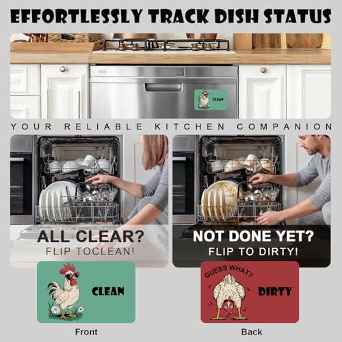 Rooster Dishwasher Magnet - Clean Dirty Sign, Green Farmhouse Kitchen Decor