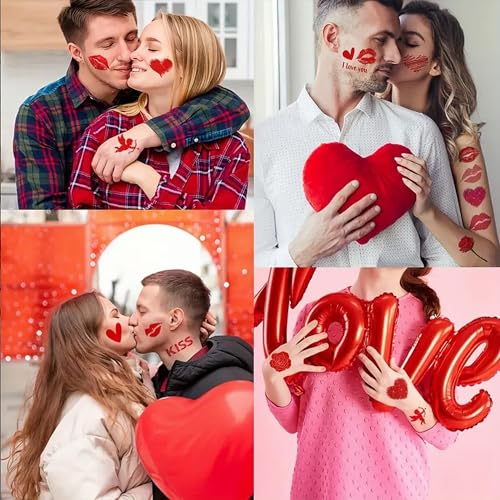 Valentines Day Temporary Tattoos - 10 Sheets Red Heart Lip Fake Tattoos