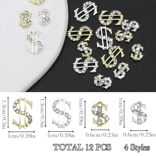 YAEISM 16PCS 3D Dollar Sign Nail Charms Gold and Silver Rhinestones