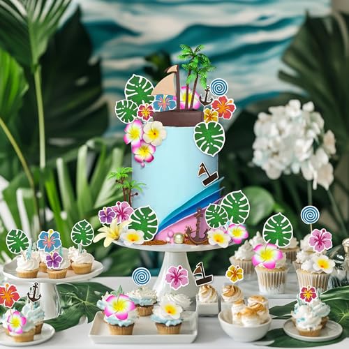 27PCS Tropical Cake Decoration Set - Boat, Coconut Trees & Flowers